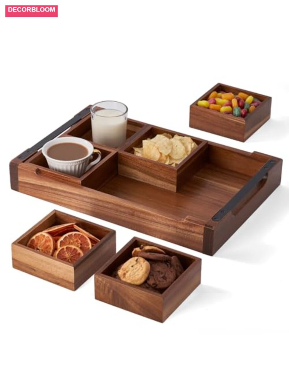 Acacia Wood Divided Serving Tray with Handles Large Platter - Picture 1 of 6